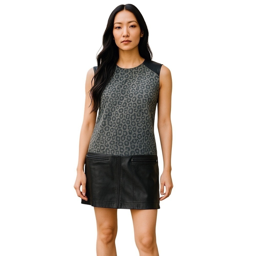 REBECCA TAYLOR Wool/Leather Sleeveless Animal Print Shift Dress - Size 4
